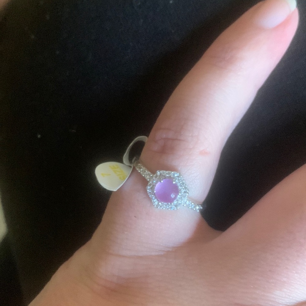 “Sparkling Sunlight” Genuine Lavender Quartz, rhodium plating, size 7.